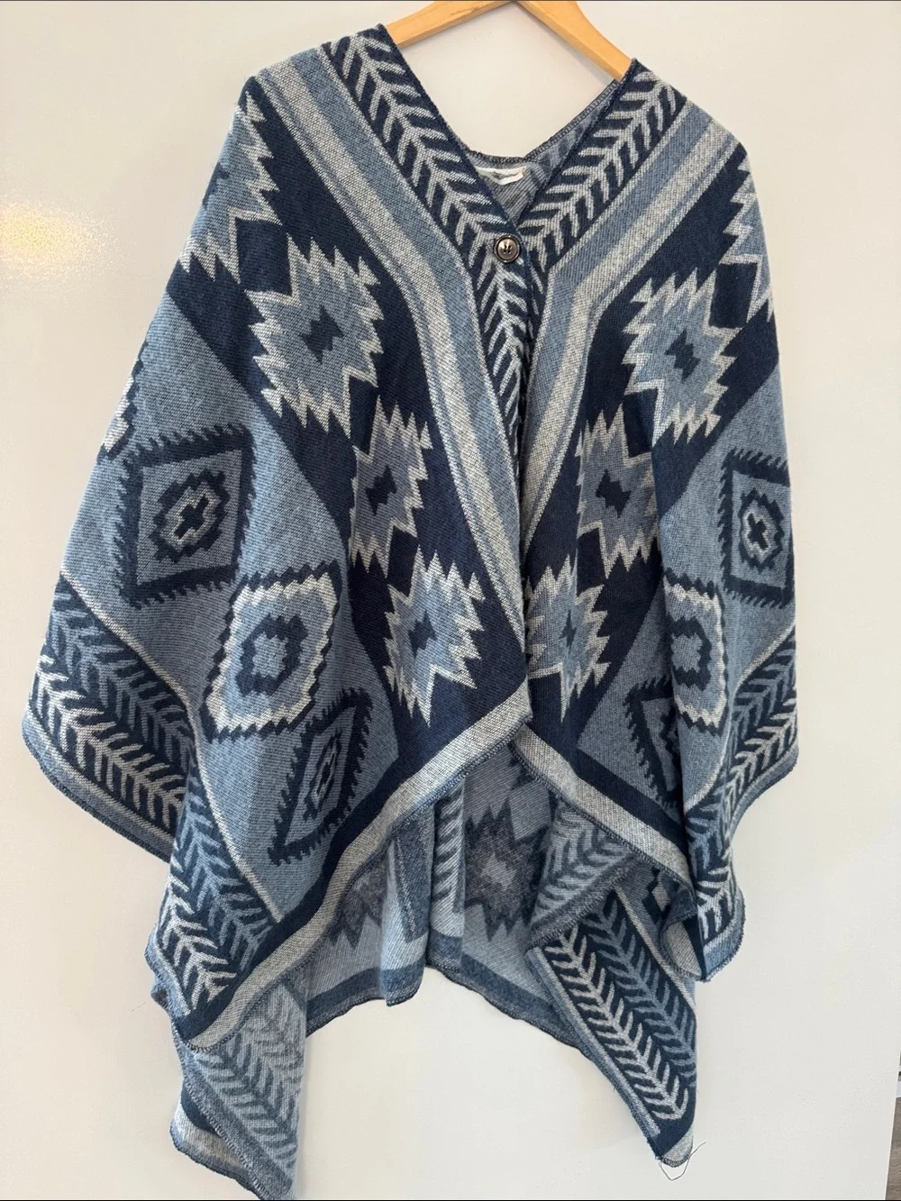 Collections Etc Blue Aztec Poncho Sweater with Button Closure